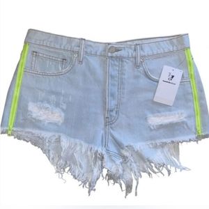 NWT Sandrine Rose x Free People - frayed denim shorts neon yellow zip, size 29